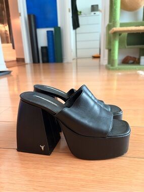 Black Leather Platform Mule Heels - Women's